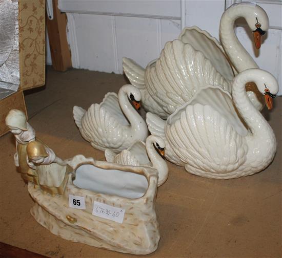4 swan planters and a Royal Vienna pot